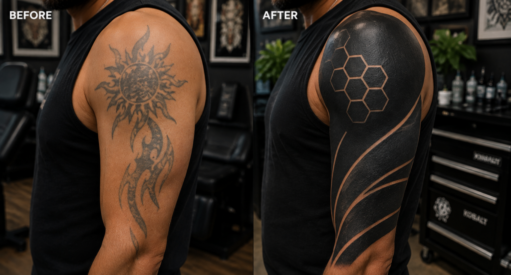 Blackout tattoo technique covering old tattoo with modern artistic design