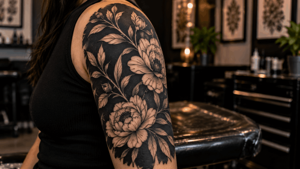 Blackout tattoo with botanical negative-space leaves and flowers on upper arm