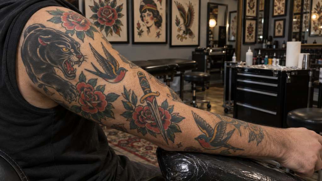 Classic American Traditional tattoo flash featuring bold roses swallows dagger and panther designs