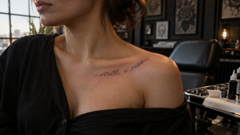 Elegant script tattoo following the natural line of the collarbone with readable spacing