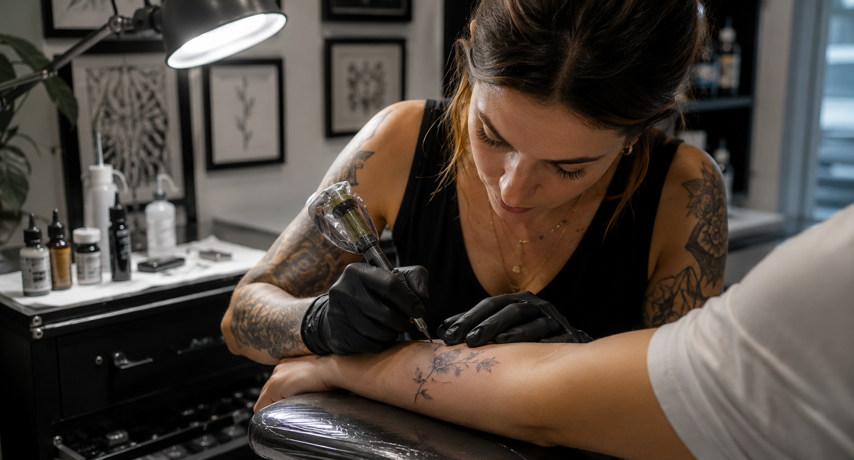 Fine line tattoo artist creating delicate minimalist tattoo design