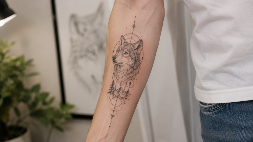 Minimalist fine line wolf tattoo with detailed black ink artwork on forearm