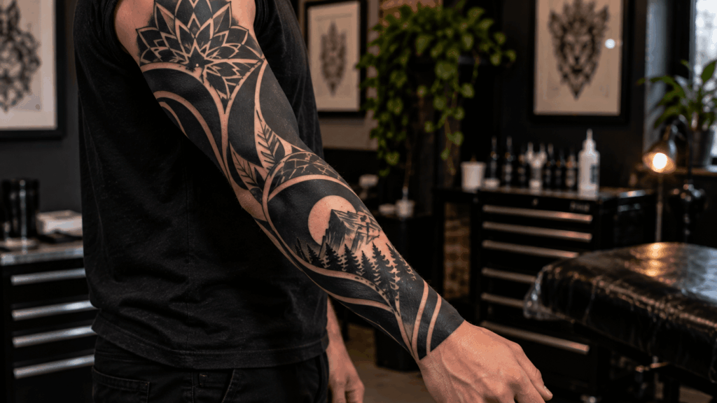Negative-space blackout tattoo sleeve with bold black ink and geometric skin cutouts