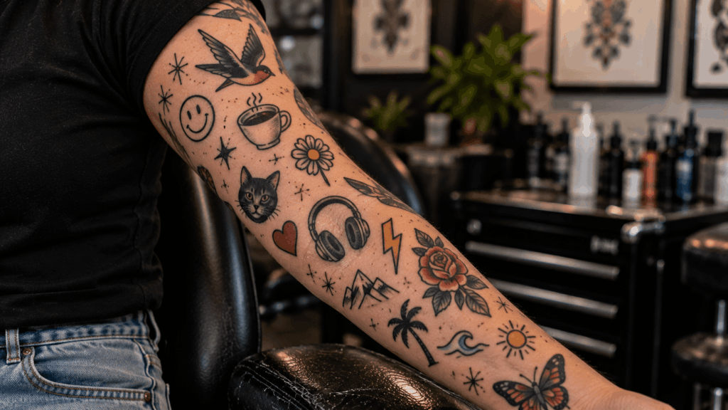 Patchwork arm with small doodle tattoos including smiley face coffee cup stars and simple animals