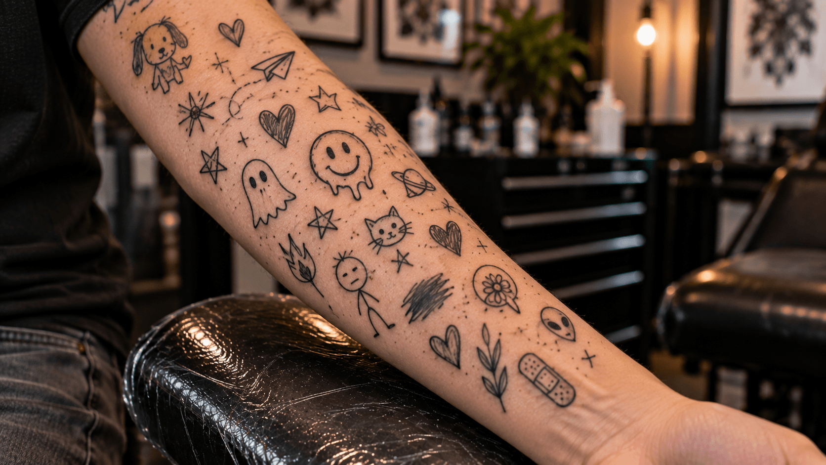 Playful doodle tattoo collection with hand-drawn hearts stars and tiny characters on forearm