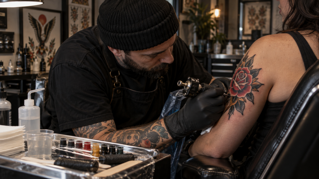 Professional tattoo artist creating bold American Traditional rose tattoo in modern studio