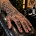 Realistic hand tattoo artwork with detailed designs
