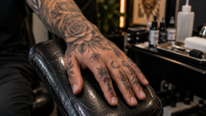 Realistic hand tattoo artwork with detailed designs