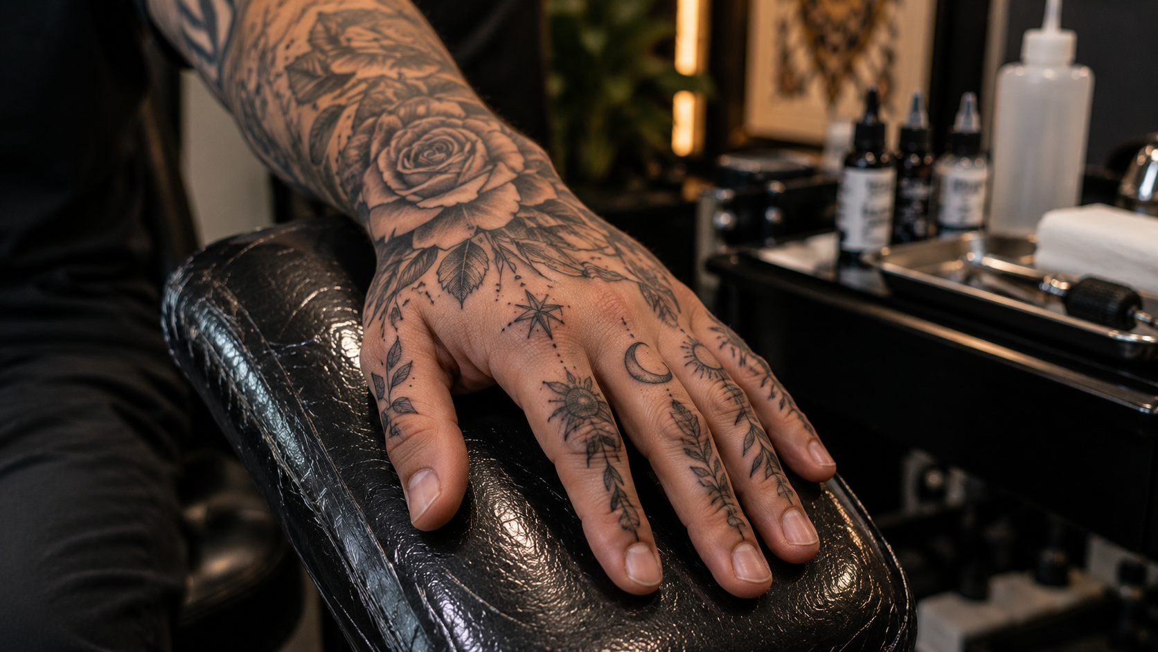 Realistic hand tattoo artwork with detailed designs