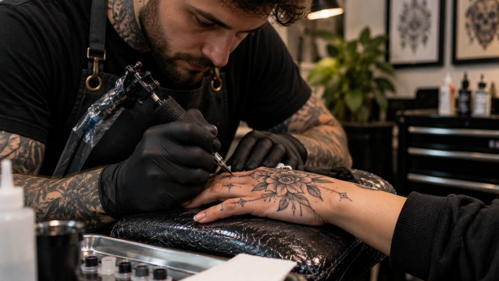 Tattoo artist creating detailed hand tattoo design in professional studio