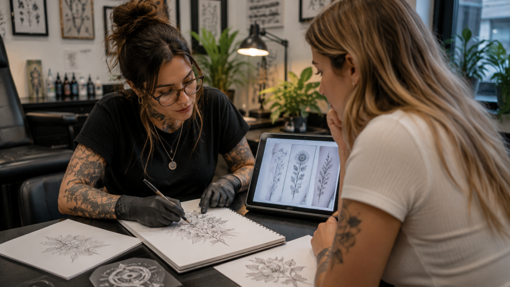 Tattoo artist creating fine line tattoo design with sketches and client consultation