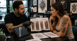 Tattoo artist discussing tattoo removal alternatives and redesign options