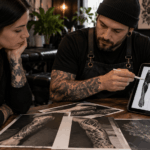 Tattoo artist planning a negative-space blackout sleeve with geometric sketches