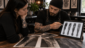 Tattoo artist planning a negative-space blackout sleeve with geometric sketches