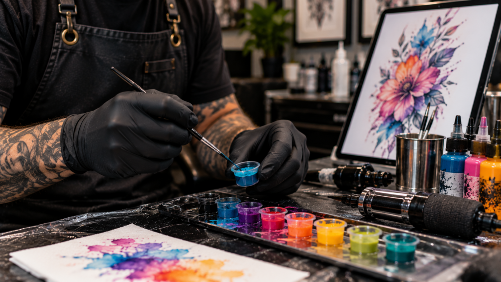 Tattoo artist preparing vibrant colors for watercolor tattoo design