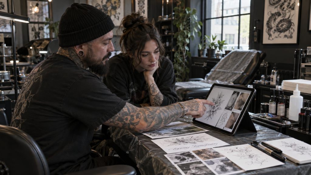 Tattoo artist reviewing custom handwriting and lettering samples with client in studio