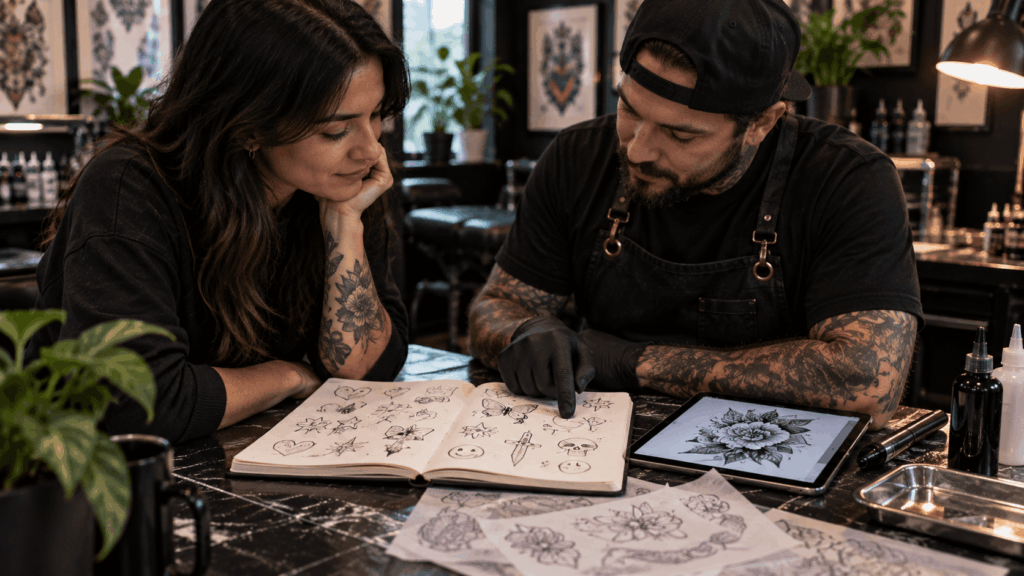 Tattoo artist reviewing personal notebook doodles with client before creating a custom tattoo
