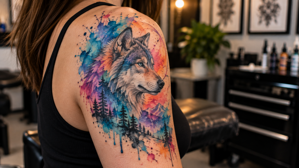 Watercolor animal tattoo with colorful abstract background and detailed artwork
