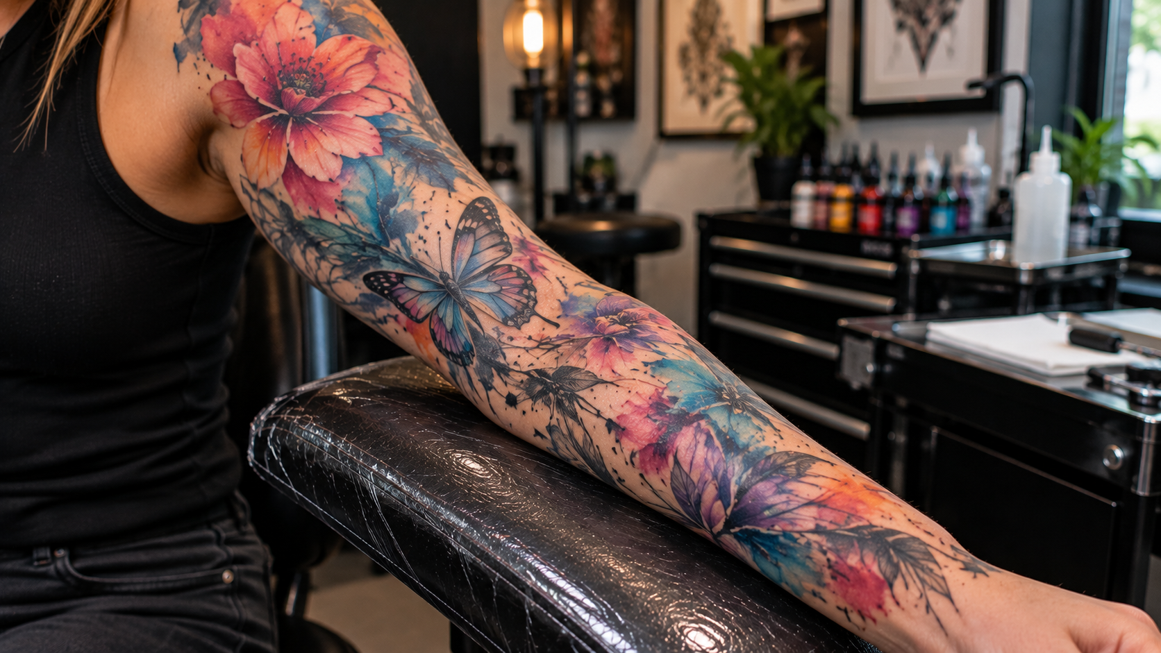 Watercolor tattoo sleeve with vibrant blended colors and artistic effects