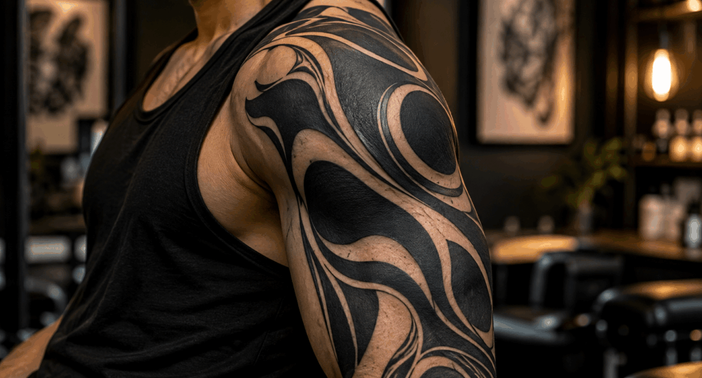 Bold Abstract Shoulder Tattoo in Warm Studio Lighting