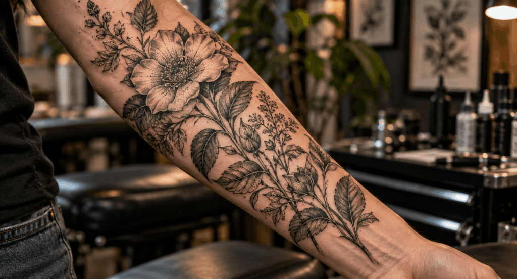 Botanical Forearm Tattoo in Studio
