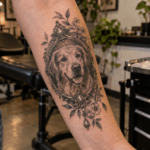 Detailed pet locket tattoo on forearm with ornamental frame and small botanical accents