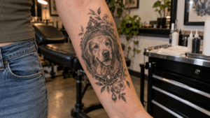 Detailed pet locket tattoo on forearm with ornamental frame and small botanical accents