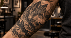 Etched Wolf Forearm Tattoo