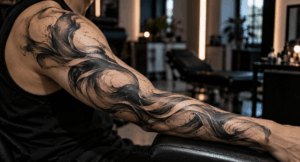 Flowing Ink Tattoo in a Moody Studio