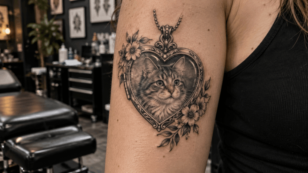 Heart-shaped locket tattoo containing a realistic cat portrait with floral details