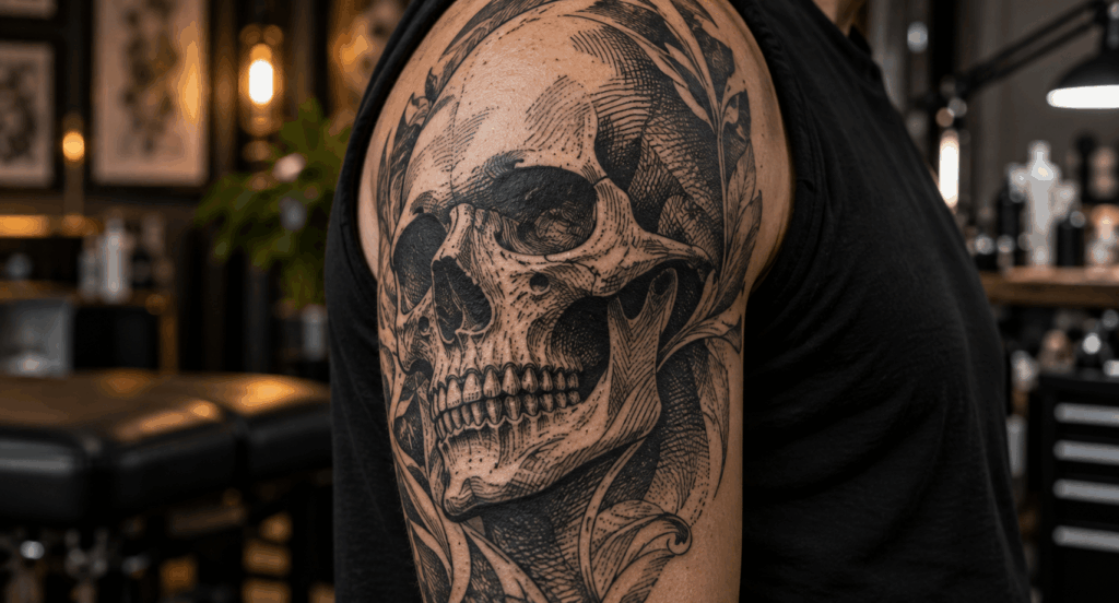 Intricate Skull Tattoo in Studio