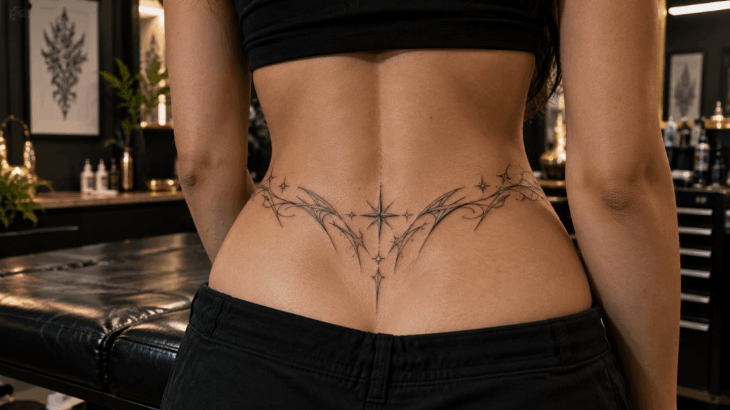 Modern Y2K lower-back tattoo with symmetrical fine-line curves stars and neo-tribal details