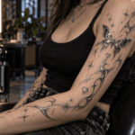 Modern Y2K tattoo collection with chrome butterfly stars and flowing tribal-inspired lines