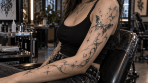 Modern Y2K tattoo collection with chrome butterfly stars and flowing tribal-inspired lines