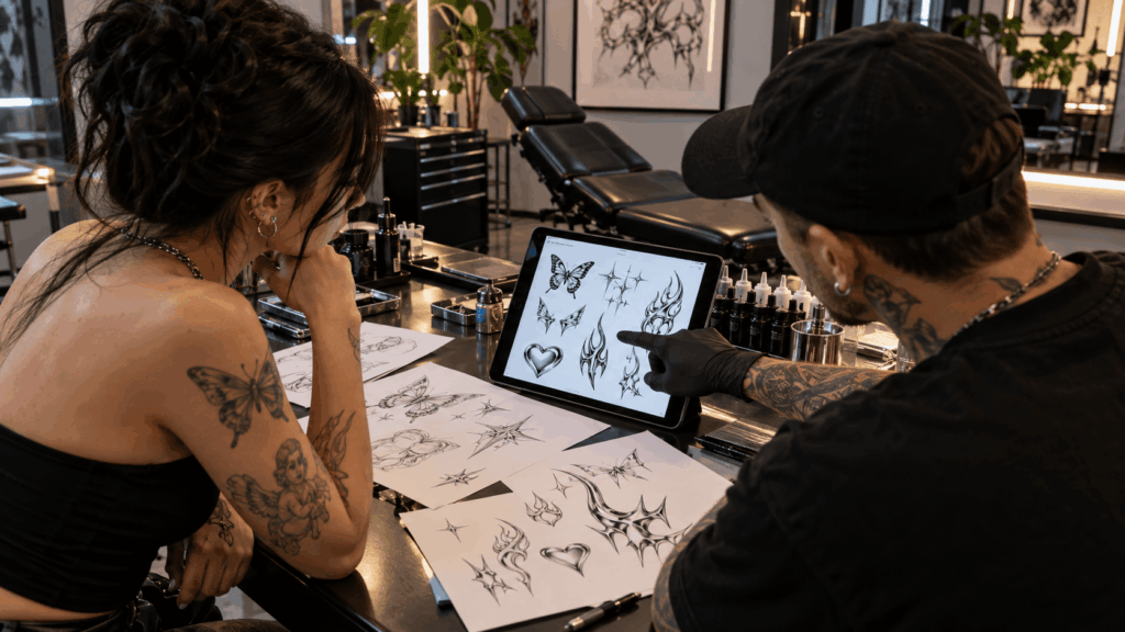 Tattoo artist reviewing modern Y2K butterfly star and neo-tribal tattoo sketches with client