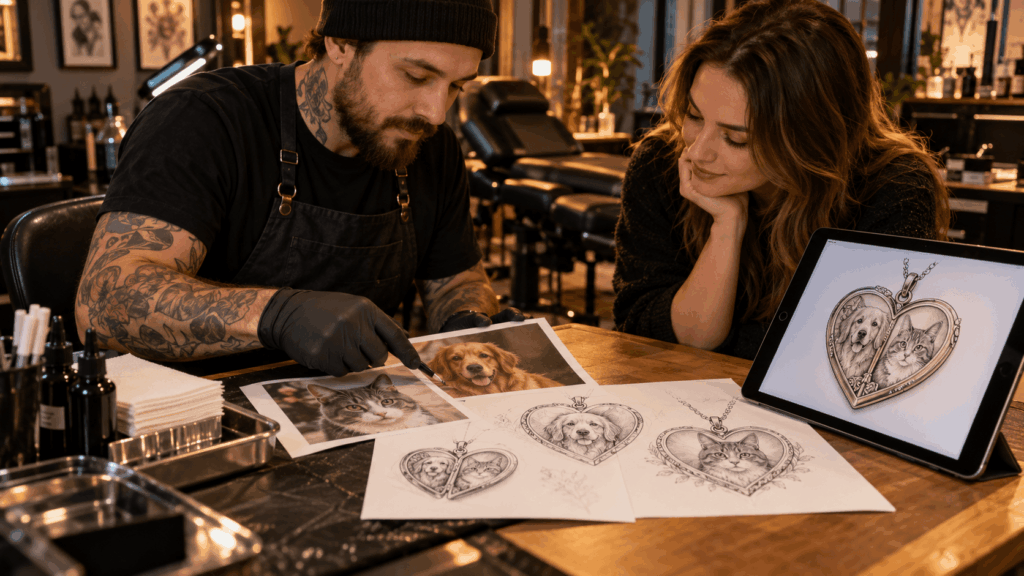 Tattoo artist reviewing pet photographs and custom locket sketches with client