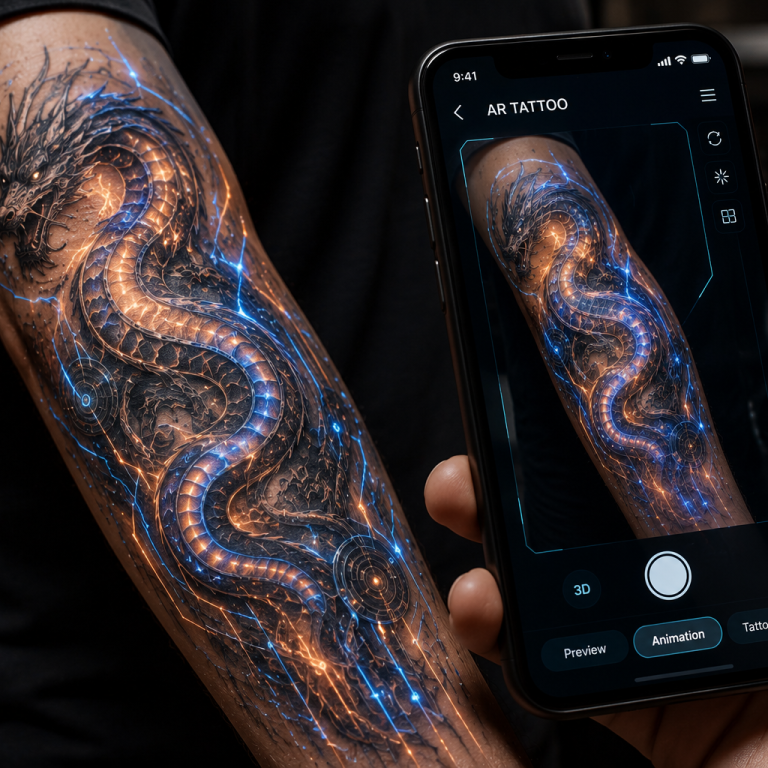 Close-up AR tattoo sleeve with animated digital patterns interacting