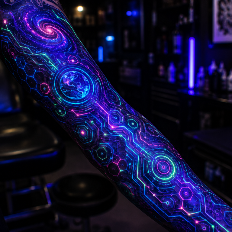 Close-up interactive glow tattoo sleeve on arm with UV-reactive inks and neon patterns