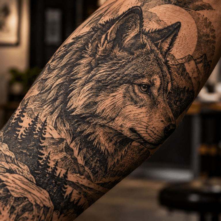 Etched Wolf Forearm Tattoo