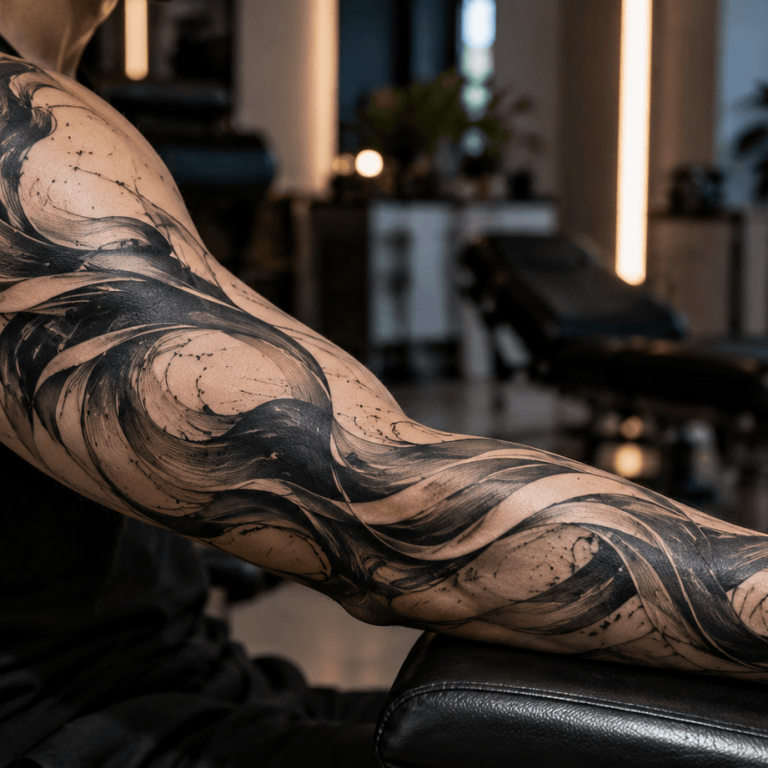 Flowing Ink Tattoo in a Moody Studio