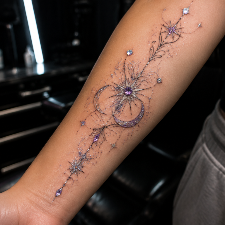 Glitter and gemstone tattoo on forearm with sparkly inks and rhinestones in professional tattoo studio