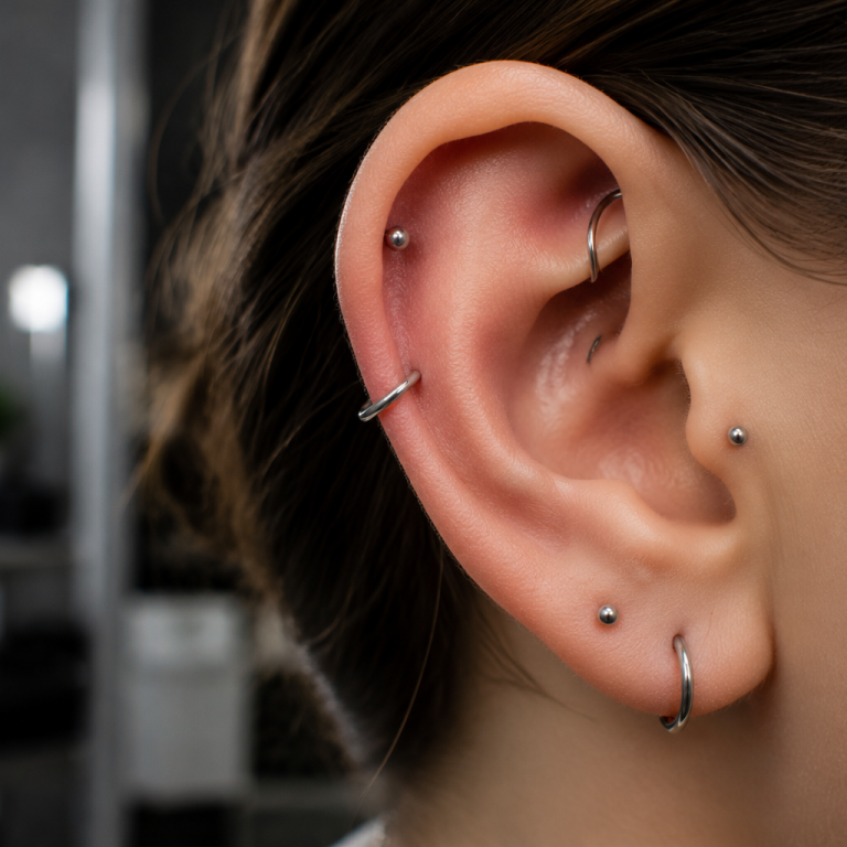Minimal surgical style piercing with seamless titanium jewelry in ear studio close-up