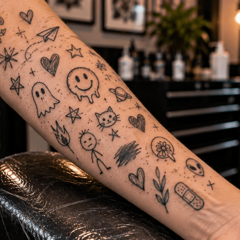 Playful doodle tattoo collection with hand-drawn hearts stars and tiny characters on forearm