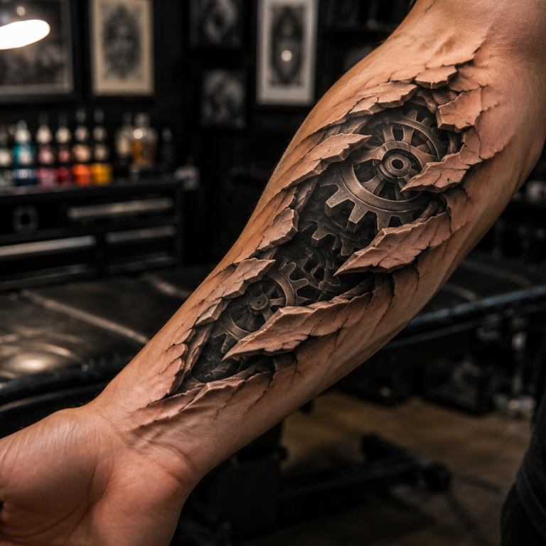 Realistic 3D illusion tattoo appearing to rise from skin