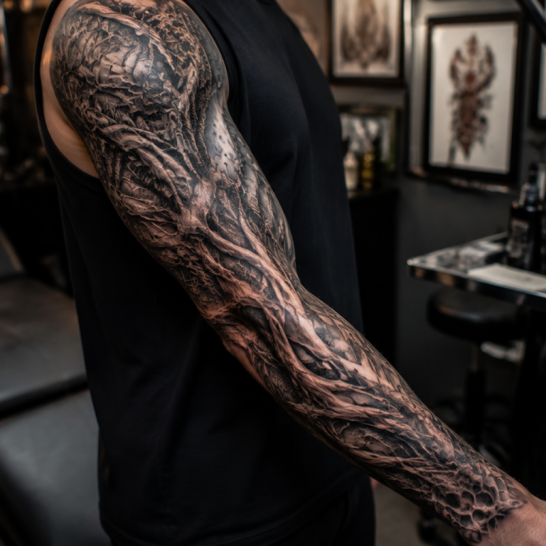 Realistic bio-organic tattoo sleeve combining futuristic biomechanical elements