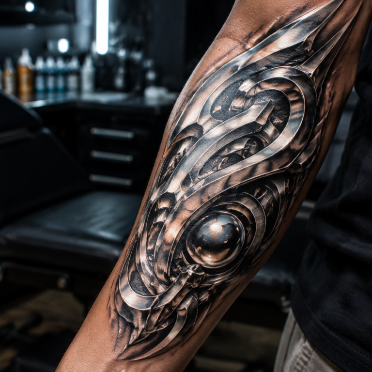 Realistic chrome ink tattoo with metallic reflective 3D effect on arm