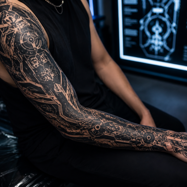 Realistic cybersigilism tattoo sleeve with futuristic blackwork patterns and cyberpunk inspired tattoo details