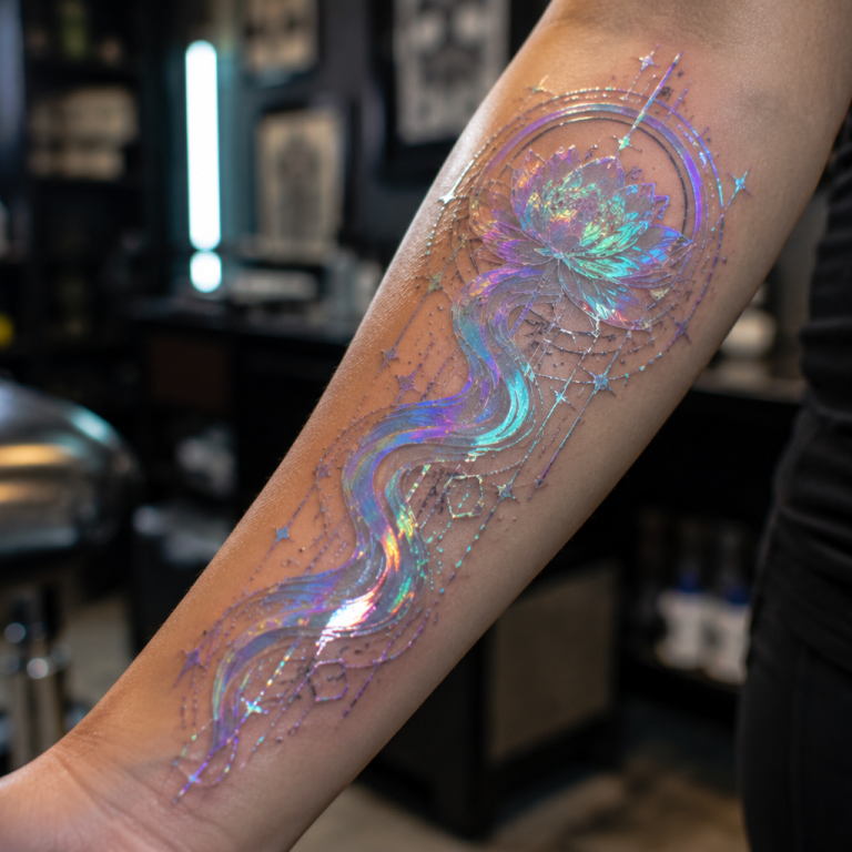 Realistic holographic tattoo on forearm with shimmering iridescent inks and shifting color effects