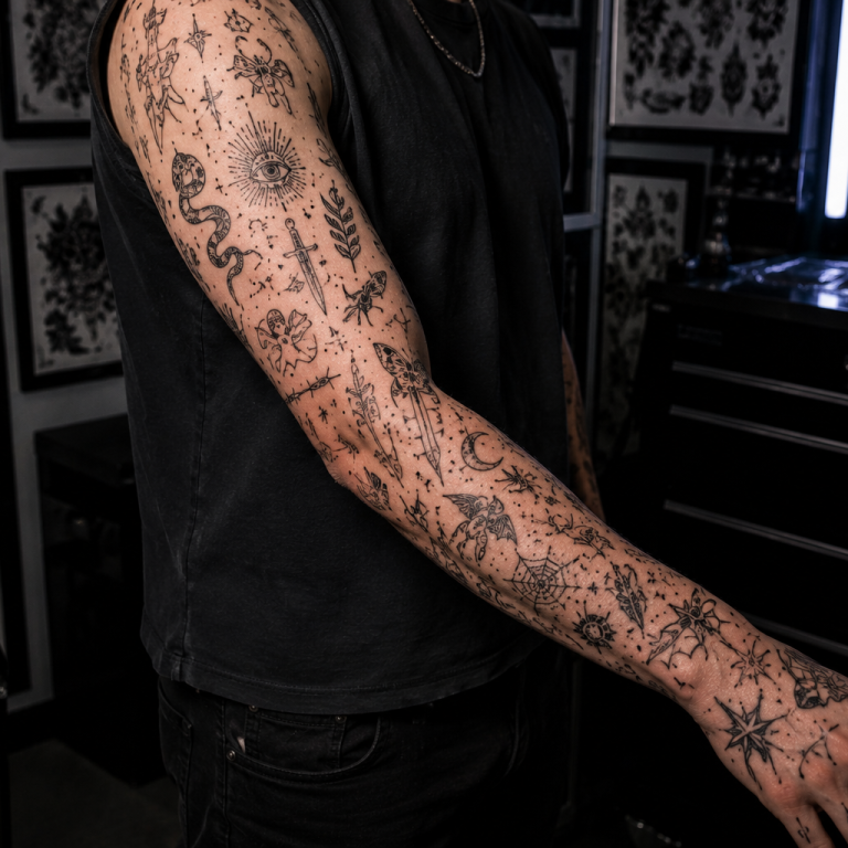 Realistic patchwork tattoo sleeve with curated collection of minimalist black ink tattoos