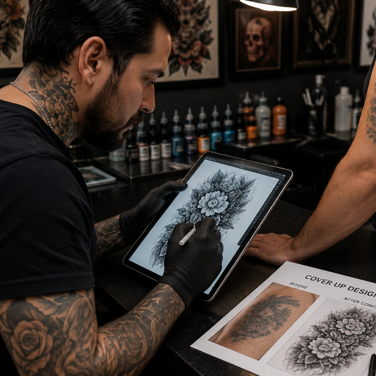 Realistic tattoo artist creating cover up tattoo design